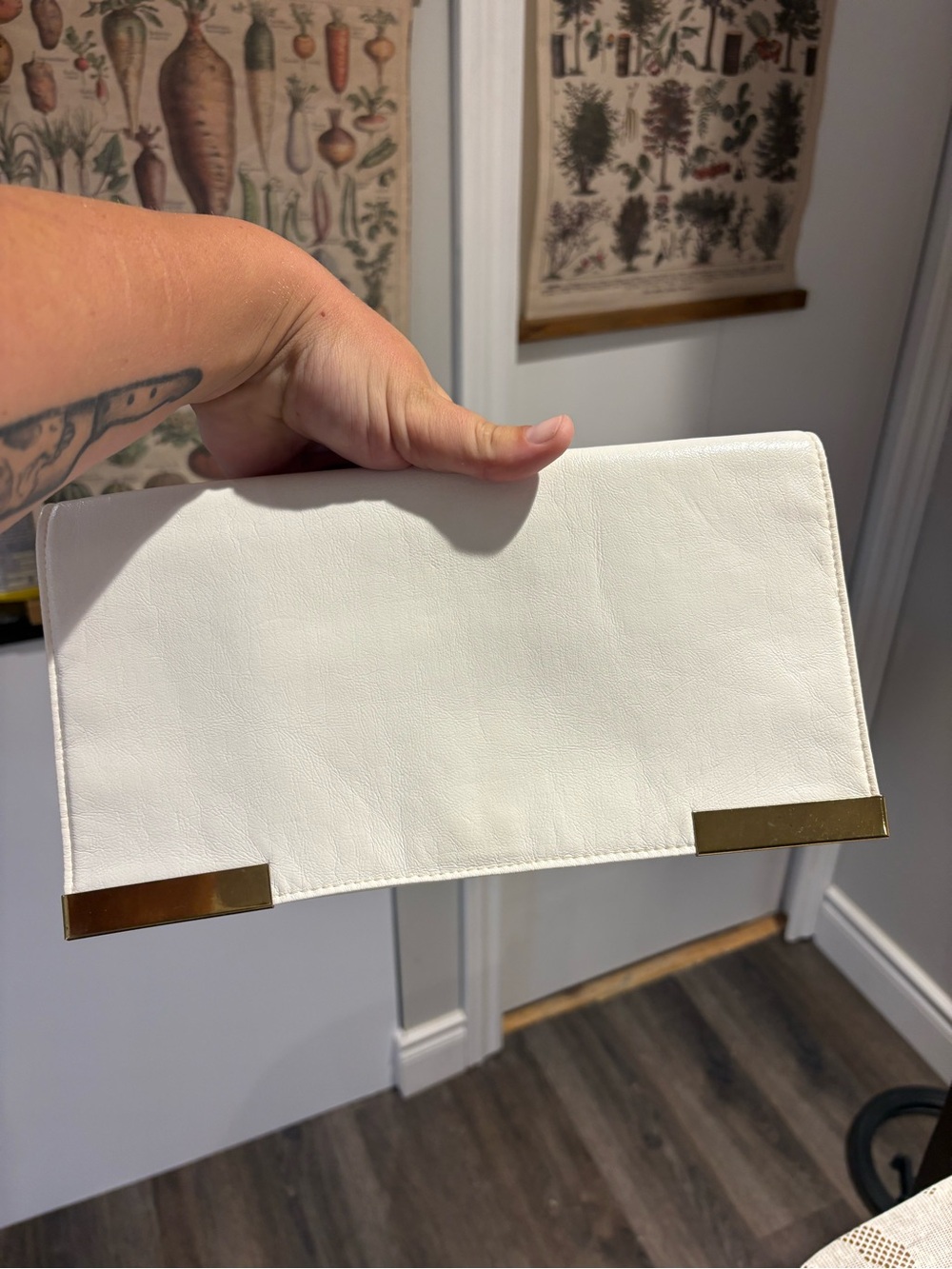 White Leather Clutch with Gold Accents